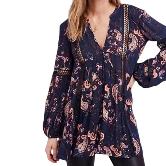 Free People Just The Two Of Us Shift Tunic Dress Navy Paisley Long Sleeve - Picture 2 of 7